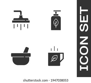 Set Cup de té y hoja, Cabeza de ducha, mortero e icono de botella de aceite esencial. Vector
