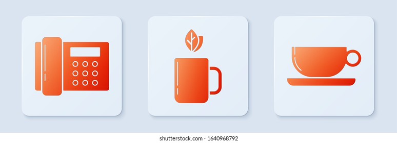 Set Cup of tea and leaf, Telephone and Coffee cup flat. White square button. Vector