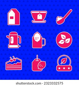 Set Taza de té con limón, Bolsa de té, hoja, tarta de pieza, hervidor eléctrico, azúcar de cuchara y paquete de papel para icono de leche. Vector