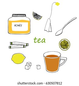 Set of a cup of tea, a lemon, a tea bag, a spoon, jar of honey, sugar.