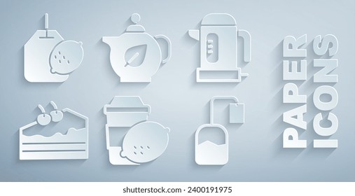 Set Cup of tea with lemon, Electric kettle, Piece cake, Tea bag, Teapot leaf and  icon. Vector