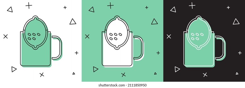 Set Cup of tea with lemon icon isolated on white and green, black background.  Vector