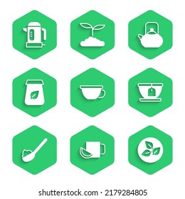 Set Cup of Tee, mit Zitrone, Teeblatt, Tasche, Löffelzucker, Verpackung, Kettle Griff und elektrischen Wasserkocher Symbol. Vektorgrafik