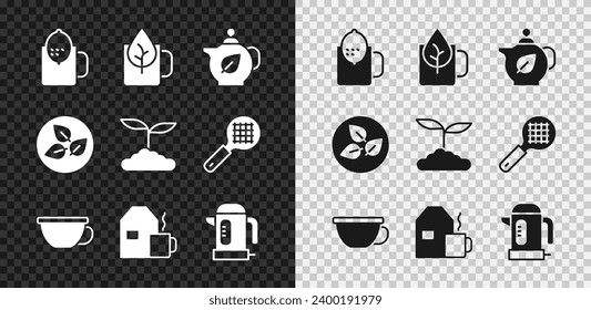 Set Cup of tea with lemon, leaf, Teapot, milk, Electric kettle,  and  icon. Vector