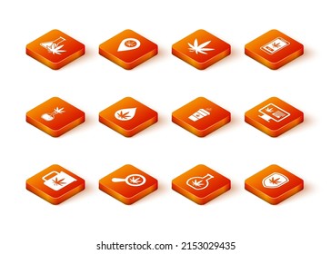 Set Cup tea with marijuana, Magnifying glass and, Test tube, Marijuana or cannabis leaf oil, coffee, Shield and Online buying icon. Vector