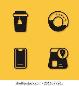 Set Cup of tea, Online ordering food, Food on mobile and Donut icon with long shadow. Vector