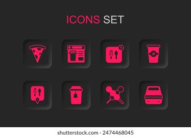 Set Cup of tea, Online ordering food, Slice pizza, Meatballs on wooden stick, Coffee cup to go, Lunch box, Food and Cafe and restaurant location icon. Vector