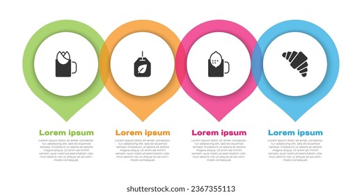 Set Cup of tea with rose, Tea bag leaf, lemon and Croissant. Business infographic template. Vector