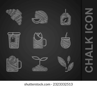 Set Cup of tea with rose, Tea leaf, Mate, time, bag,  and Croissant icon. Vector