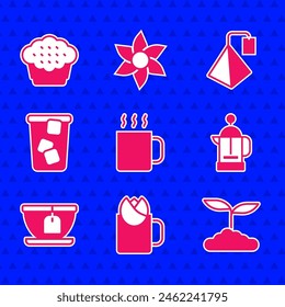 Set Cup of tea, with rose, Tea leaf, French press, bag, Ice,  and Muffin icon. Vector