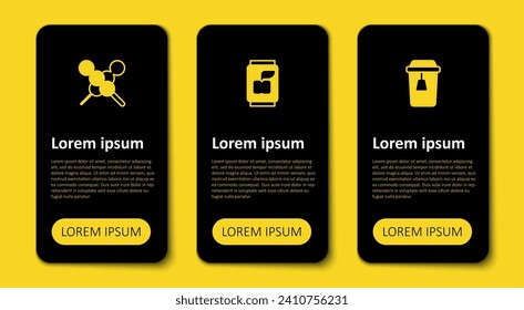 Set Cup of tea, Soda can and Meatballs on wooden stick. Business infographic template. Vector