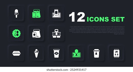 Set Cup of tea, Soda can, Online ordering food, Food on mobile, Coffee cup to go, Ice cream waffle,  and  icon. Vector