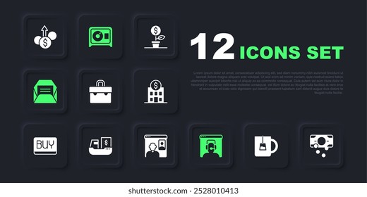 Set Cup of tea, Stacks paper money cash, Briefcase, Telephone 24 hours support, Envelope, Cargo ship with boxes delivery, Safe and Video chat conference icon. Vector