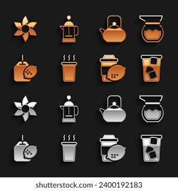 Set Cup of tea, Teapot, Ice, with lemon, bag, Kettle handle, Flower and French press icon. Vector