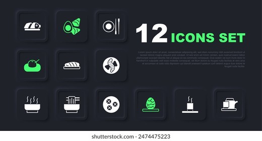 Set Cup of tea, Traditional ceremony, Fish steak, Chinese egg, Mochi, Asian noodles bowl, Chicken with vegerables and Wonton icon. Vector