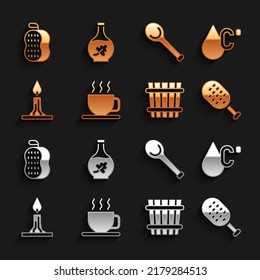 Set Cup of tea, Water temperature, Sauna brush, bucket, Burning candle, ladle, Washcloth and Essential oil bottle icon. Vector