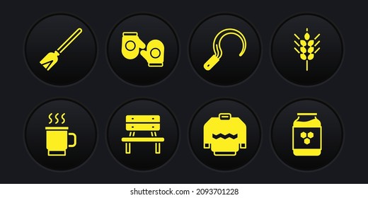 Set Cup of tea, Wheat, Bench, Sweater, Sickle, Christmas mitten, Jar honey and Handle broom icon. Vector