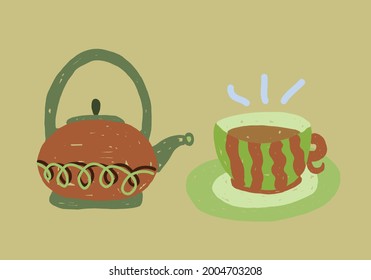 Eine Tasse Tasse und Teekanne. Handgezeichnete Vektorgrafik. Frühstück oder Tee- oder Kaffeezeitkonzept