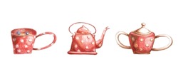 A Set Of A Cup, A Teapot And A Sugar Bowl. Color: Red With White Circles