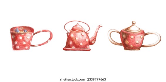 Un conjunto de una taza, una tetera y un tazón de azúcar. Color: rojo con círculos blancos