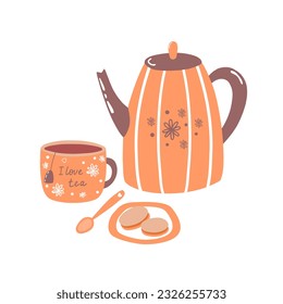 Ambientada con taza, tetera, cuchara de té y macarons con letras que me encanta el té. Ilustración escandinava de elementos de cocina de estilo plano. Graciosa textura de dibujos animados. Té tiempo de la mano del vector del garabato clíparte.