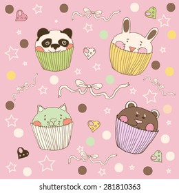 set of cupcake with animals
