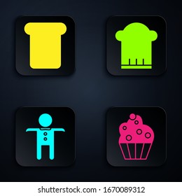 Set Cupcake , Bread toast, Holiday gingerbread man cookie  and Chef hat . Black square button. Vector