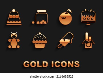 Set Cupcake, Cake on plate, Chocolate bar, Ice cream, Jelly bear candy, Apple,  and Glass jar with candies inside icon. Vector