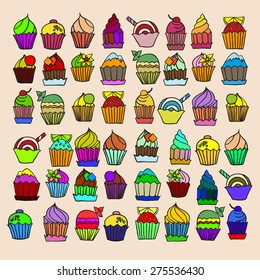 set cupcake. Color doodle vector