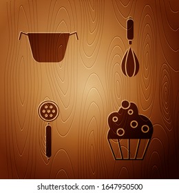 Set Cupcake , Cooking pot , Strainer spoon  and Kitchen whisk  on wooden background. Vector