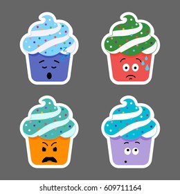 Set of cupcake emojis icons. Different emotions smiling faces, vector illustration