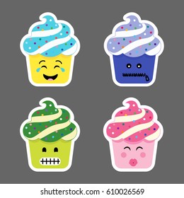 Set of cupcake emojis icons. Different emotions smiling faces, vector illustration
