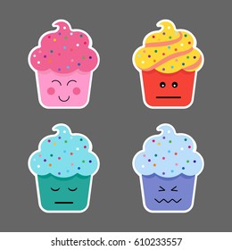 Set of cupcake emojis icons. Different emotions smiling faces, vector illustration