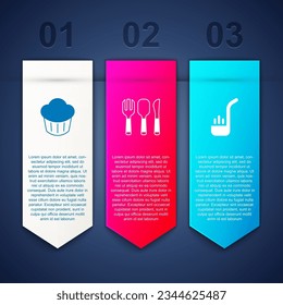 Set Cupcake, Fork, spoon and knife and Kitchen ladle. Business infographic template. Vector