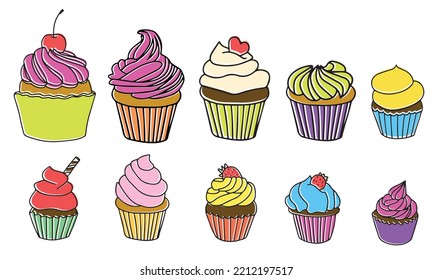 Set of cupcake in hand draw style outline in color. Vector illustration.