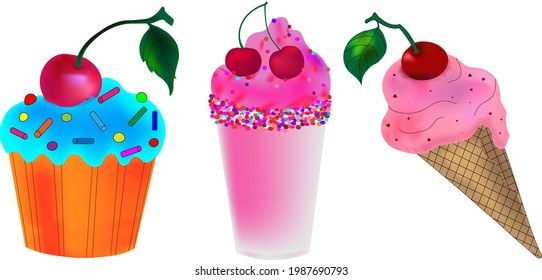 Set of cupcake, ice cream and milkshake with cherries and bright colorful sprinkles
