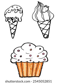 set: cupcake and ice cream, vector