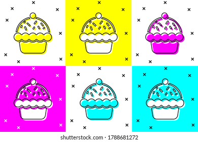 Ajuste el icono de la tarta aislada en el fondo del color.  Vector