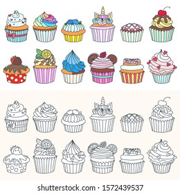 Set of cupcake icons. Doodle illustration of cupcakes decorated with cream, raspberry, hearts, cherry, citrus, blueberry and cookies. Two collections of colored and monochrome dessert icons. Vector 