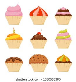 Set of cupcake icons isolated on white background, illustration.