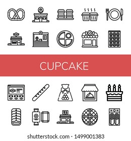 Set of cupcake icons such as Pretzel, Candy shop, Donut shop, Restaurant, Macaroons, Pancake, Muffin, Bagel, Candy, Cake, Baguette, Wafer , cupcake