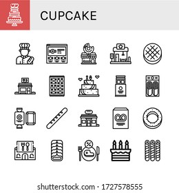 Set Of Cupcake Icons. Such As Wedding Cake, Baker, Candy, Donut Shop, Restaurant, Round Bread, Wafer, Pancake, Baguette, Bakery, Pretzel, Bagel, Cake , Cupcake Icons