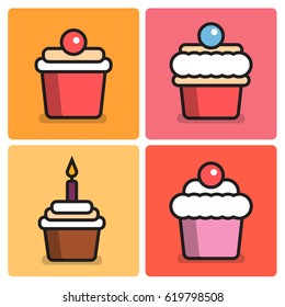 Set of Cupcake Illustrations in Flat Line Style Design