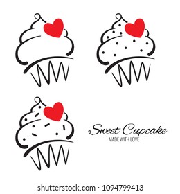 Set of Cupcake Logo with red heart and text on the white background. Vector illustration