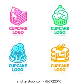 Set of cupcake logos, vector illustration isolated on white background. Bakery sweets cake store coffee shop logo, creative confectionary symbol. Colorful outline cupcake icon