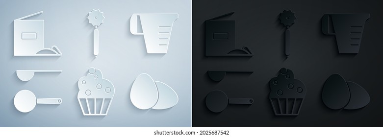 Set Cupcake, Measuring cup, spoon, Chicken egg, Pizza knife and Flour pack icon. Vector