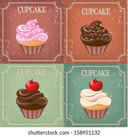 Set of cupcake on vintage background - vector illustration 