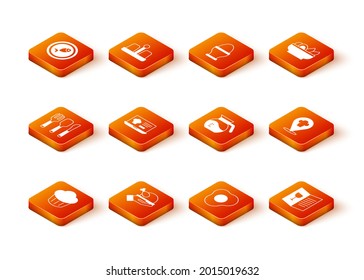 Set Cupcake, Roasted turkey or chicken, Fork, spoon and knife, Online ordering delivery, Scrambled eggs, Coffee pot, Restaurant cafe menu and Chef hat with location icon. Vector