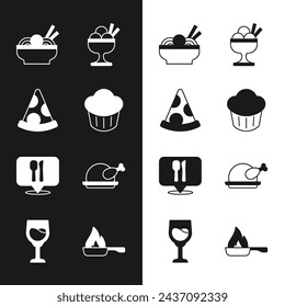 Set Cupcake, Slice of pizza, Asian noodles in bowl, Ice cream, Cafe and restaurant location, Roasted turkey or chicken, Frying pan and Wine glass icon. Vector