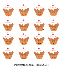 Set of cupcake smileys. Cartoon characters face. Vector collection . Emoticon. Funny food concept.